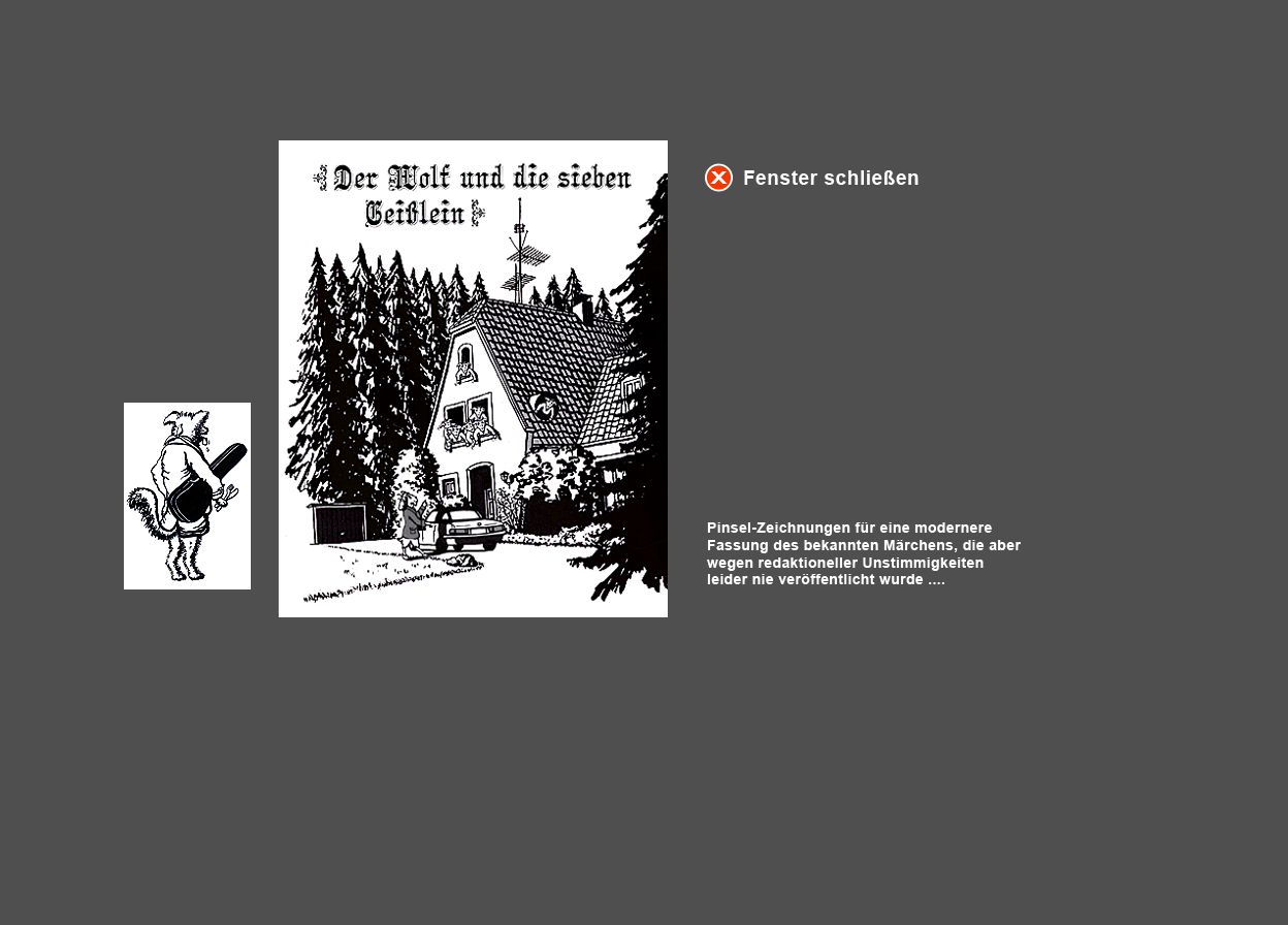 Gro&szlig;e Abbildung Tusche-Zeichnung "Mutter Gei&szlig; verl&auml;sst das Haus der 7 Gei&szlig;lein" und der Wolf steht schon mit Messer und Gabel bereit