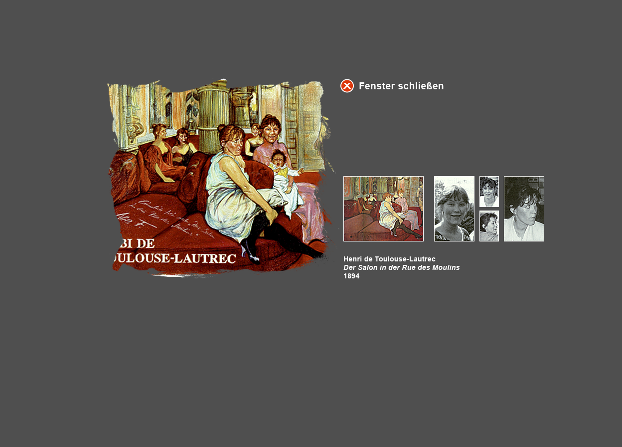 Gro&szlig;e Abbildung Wachskreide-Zeichnung "Gobi de Toulouse-Lautrec", kleine Abbildung von Toulouse-Lautrecs Original-Bild und 4 kleine Abbildungen von zugrunde liegenden Original-Fotos